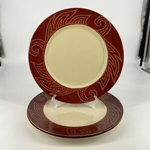 Pier 1 Matira Dinner Plates Set of 3 Red Scroll Rim Stoneware 10.5”